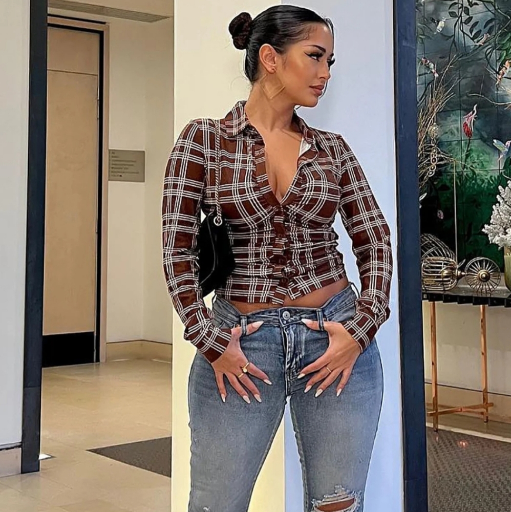 Plaid, ruched, brown combo top